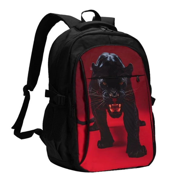 Balery Black Panther Red Background Mochila con carga USB para hombre y mujer - Mochila impermeable y antirrobo para laptop con puerto USB para viajes, trabajo