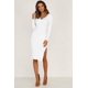 thumbnail image 2 of Vestido midi ajustado con abertura para mujer, vestidos de cuello redondo de punto acanalado de manga larga, blanco, L, 2 of 5