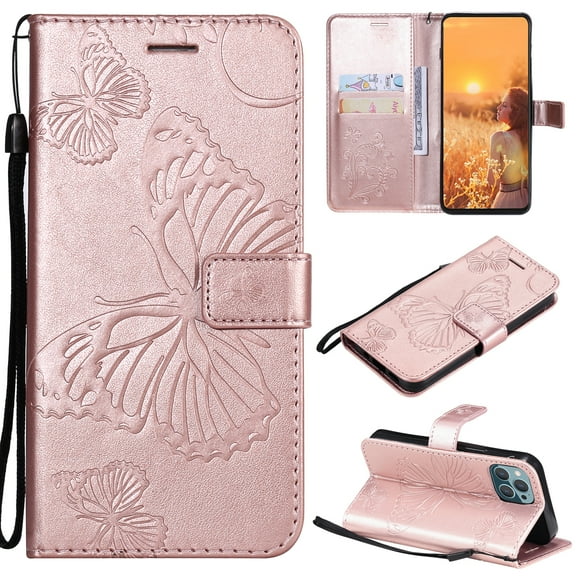 iPhone 12 Mini Wallet Case, Flip Kickstand Emboss Butterfly PU Leather Protective Phone Cover with Wrist Strap & Card Slots, Rosegold