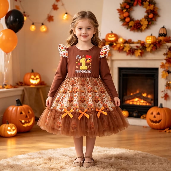 Girl Dress Long-sleeve Print Design Bowknot Classic Special Bright Mesh Tulle for Casual Dress Set