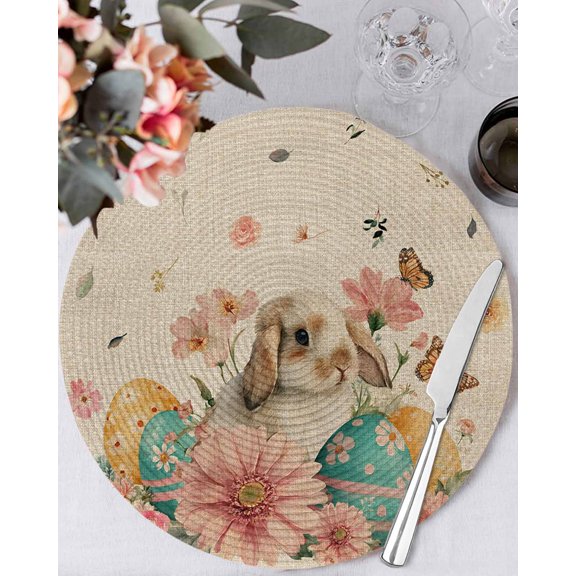 13 Inch Round Placemats Set of 6, Easter Bunny Non Slip Heat Insulation PP Table Mats, Eggs Vintage Pink Daisy Spring Floral Butterfly Washable Place Mats for Kitchen Dining Party Table Decor