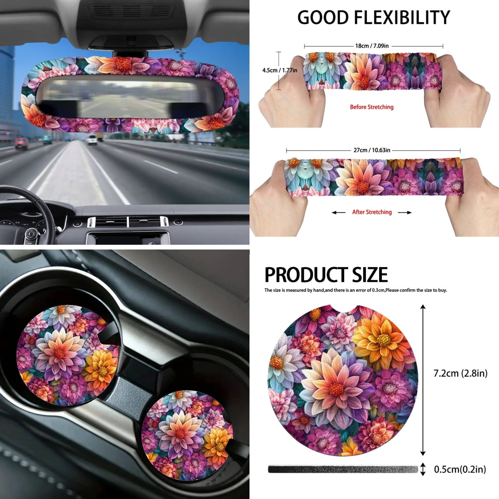 Yuyamidu Dalia Car Seat Cover Set for Women Colorful Flower Steering Wheel Cover Seat Belt Pads Handbrake Cover Set Car Window Shade Rearview Mirror Cover Cup Holder Wrist Key Chain 16 PCS