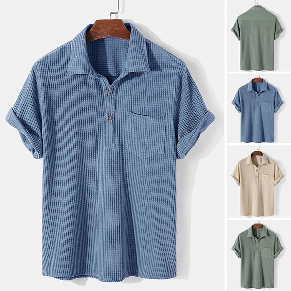 Mens Knit Polo Shirt with Short Sleeve Knit Shirt Plaid Texture Knitted Pocket Size 3XL Light Blue