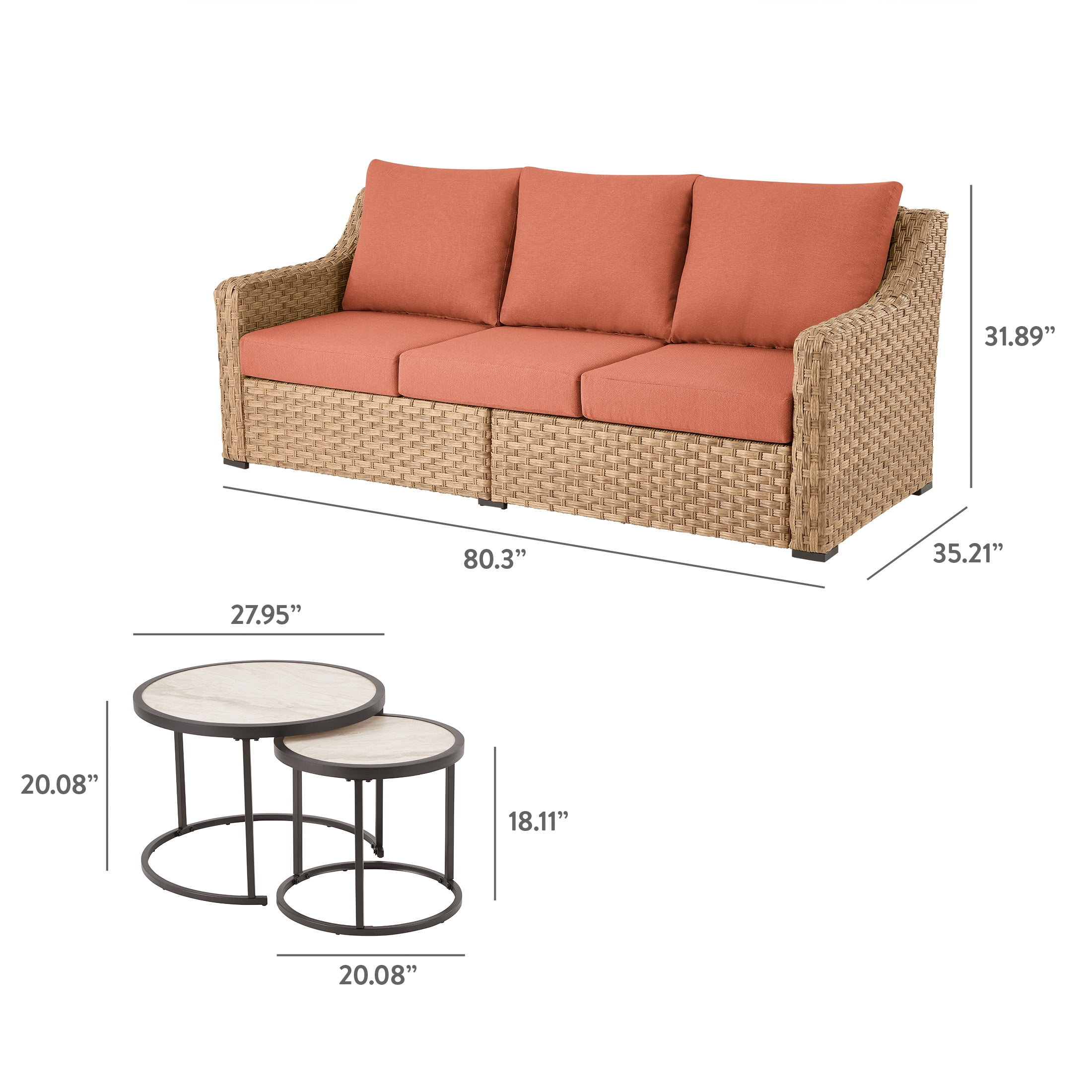 Better Homes & Gardens River Oaks Outdoor Sofa & 2 Nesting Tables with Patio Cover, Red