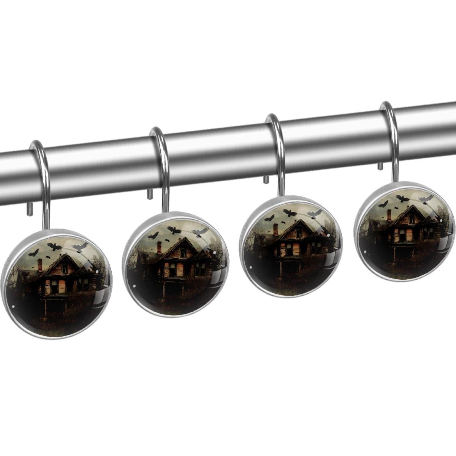 Raven Flying over Abandoned Cabin Shower Curtain Hooks Round Crystal Glass, Set of 12 Shower Curtain Rings - Shower Hooks for Curtain Shower Rings