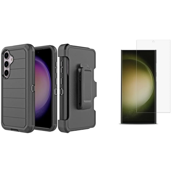 Heavy Duty Rugged Cover for Samsung Galaxy S24 Plus Case with Tempered Glass Screen Protector, Removable Belt Clip Holster - Black