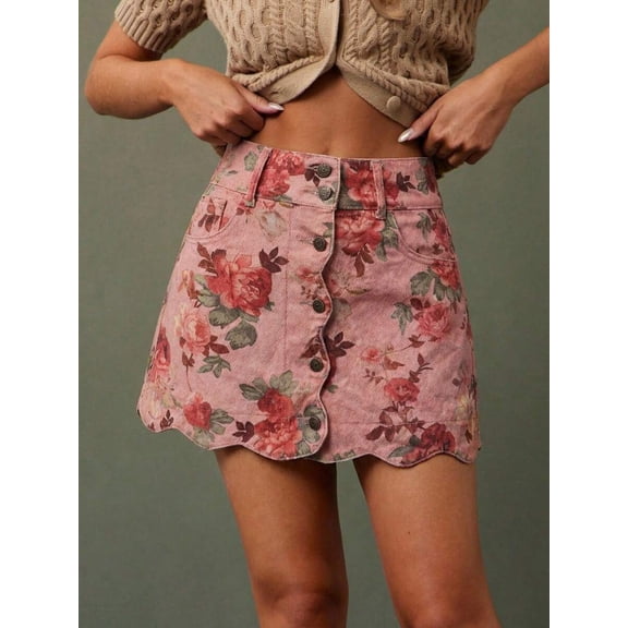 Womens High-Waist Scalloped Button-Front A-Line Denim Mini Skirt In Pink