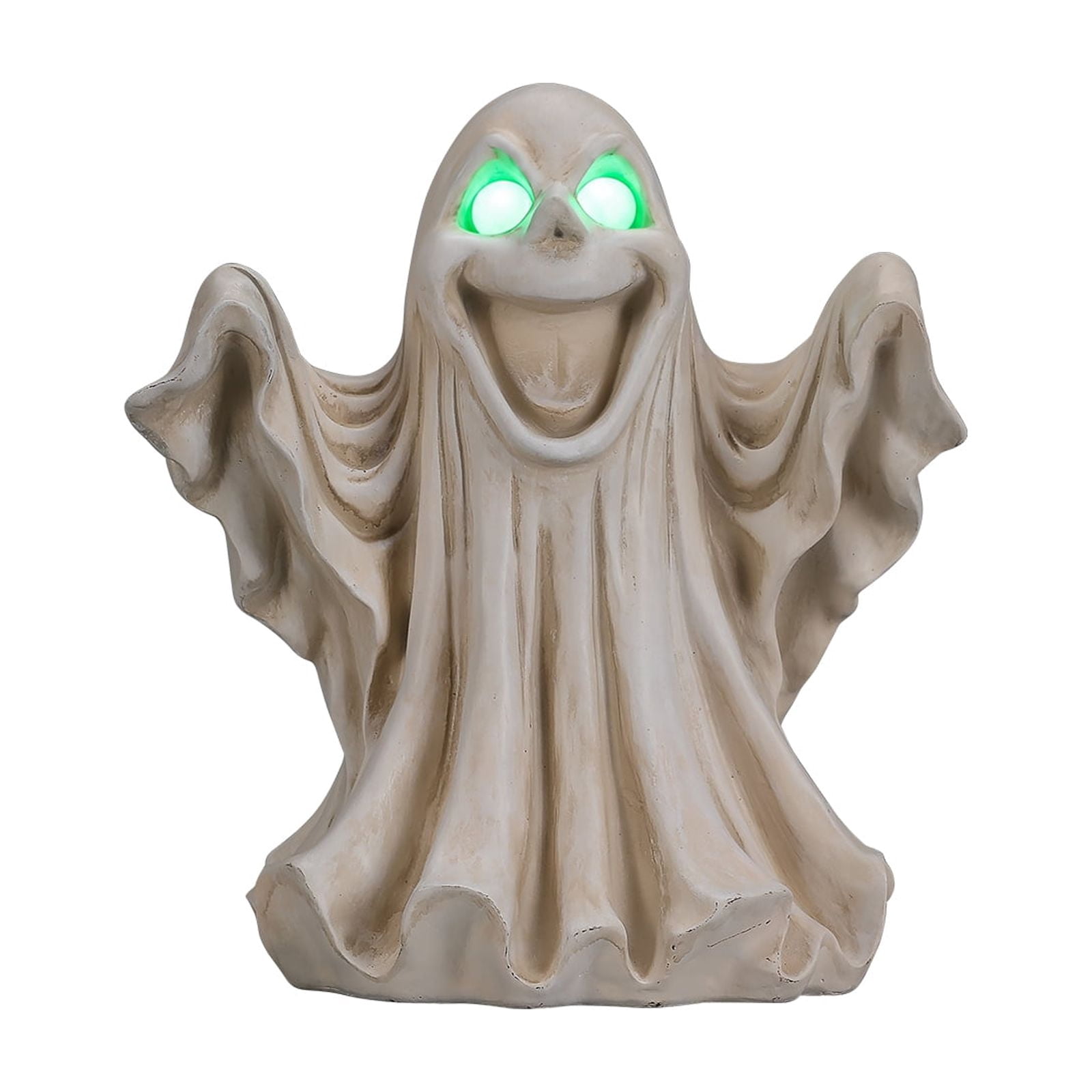 Halloween Ghost Figurine with LED Light Up Glowing Eyes, Spooky Resin Statue and Tabletop Decor for Haunted House Party, White