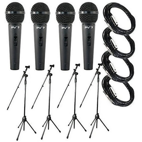 4 Peavey PV7 ND Magnet Dynamic Microphone with 1/4" to XLR Cable 4 Microphone Stands