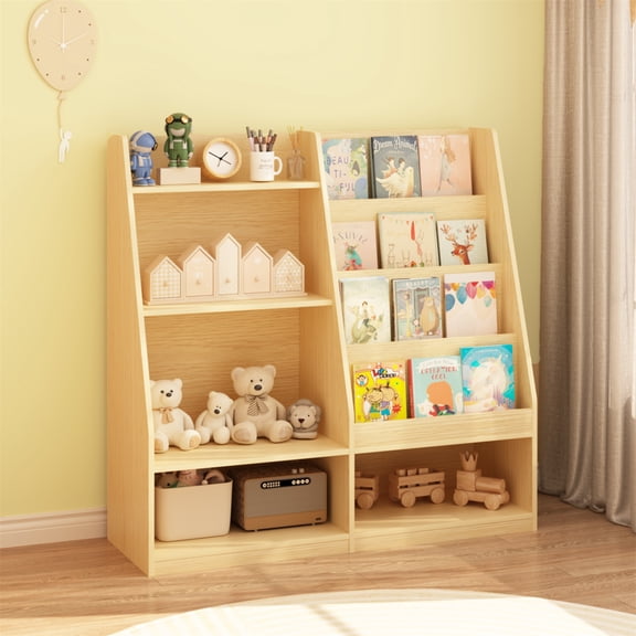 ECOBUY Kids Bookshelf and Toy Storage Organizer, 4-Tier Wooden Bookcase Display Stand with Toy Bin for Toddlers, Natural MDF, 35.43 in L