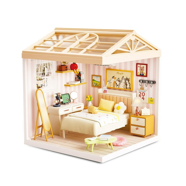 Juguete Casa en Miniatura Dormitorio con Muebles y Efecto de Luz Nocturna