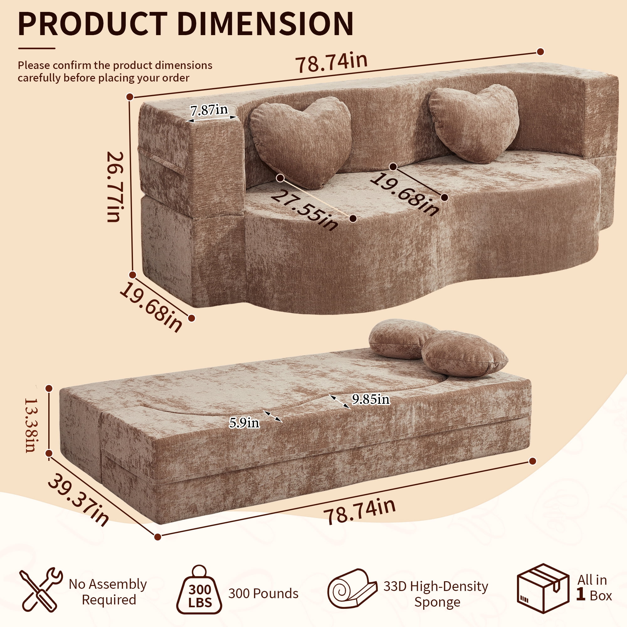 78.74"W Heart-Shaped Convertible Sofa,Floor Couch,Sleeper Sofa Bed,No Assembly High-Density Sponge Loveseat with 2 Heart Pillows for Living Room, Apartment,Warm Taupe
