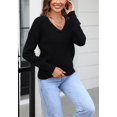 thumbnail image 4 of Braided V Neck Pullover Sweater Long Sleeve Ribbed Waistline for Women Black Medium, 4 of 5