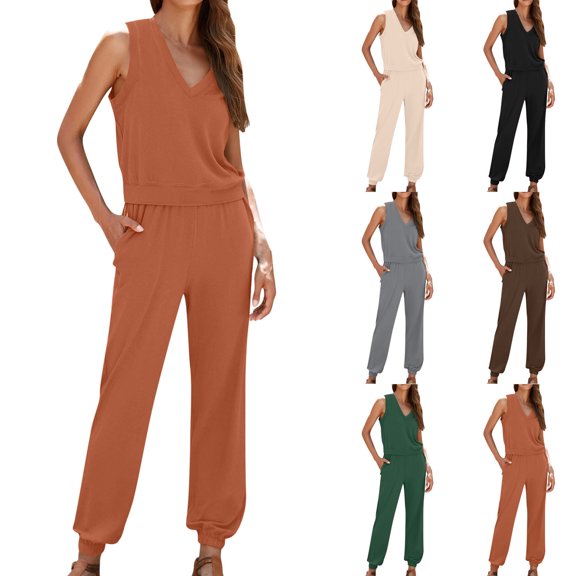 Summer Plus Size Two Piece Sets for Women Fashion Solid Color Sleeveless V Neck Top Casual Pants Suit Set Two Piece Set
