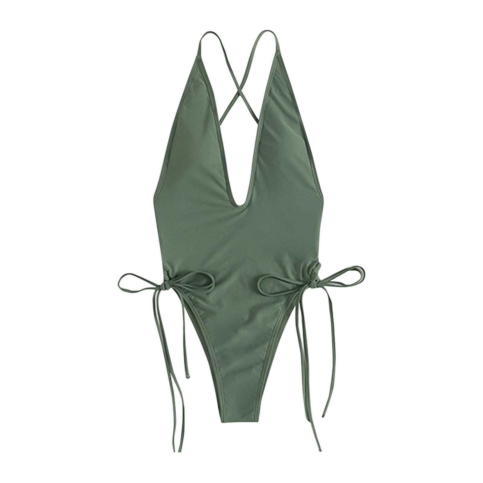 Qcmgmg Swimwear Tie Side Solid Bathing Suit for Women Deep V Neck Tummy ...