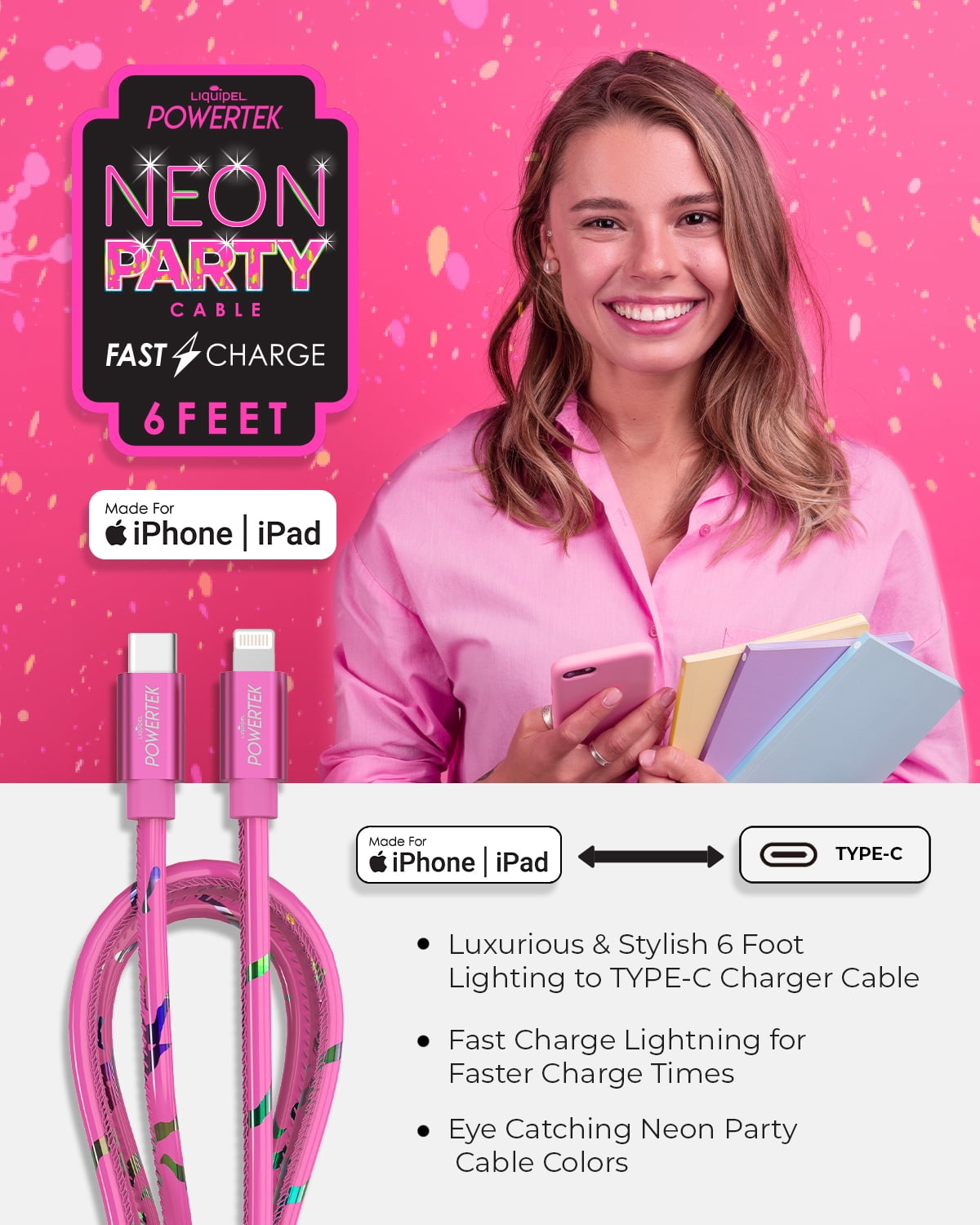 Liquipel Powertek USB C Lightning iPhone Charger Cable [MFI Certified], 6ft Fast Charging, Neon Party