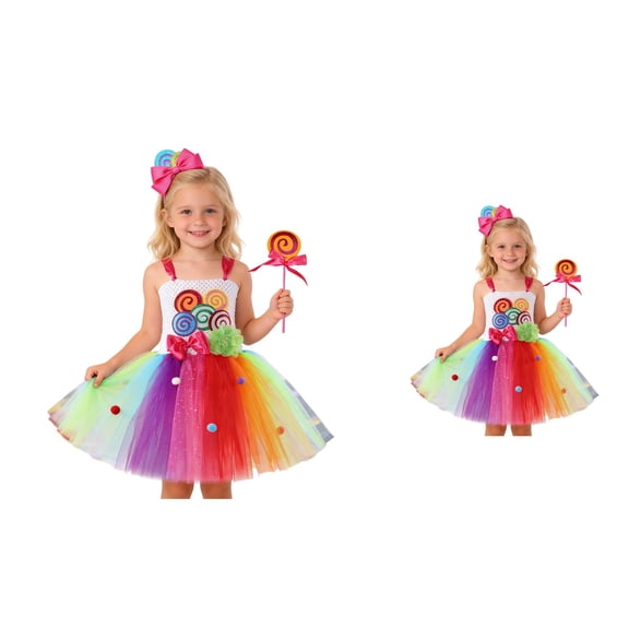 Girls Party Dress Candy Rainbow Tutu, Colorful Ice Cream Lollipop for Birthday & Halloween