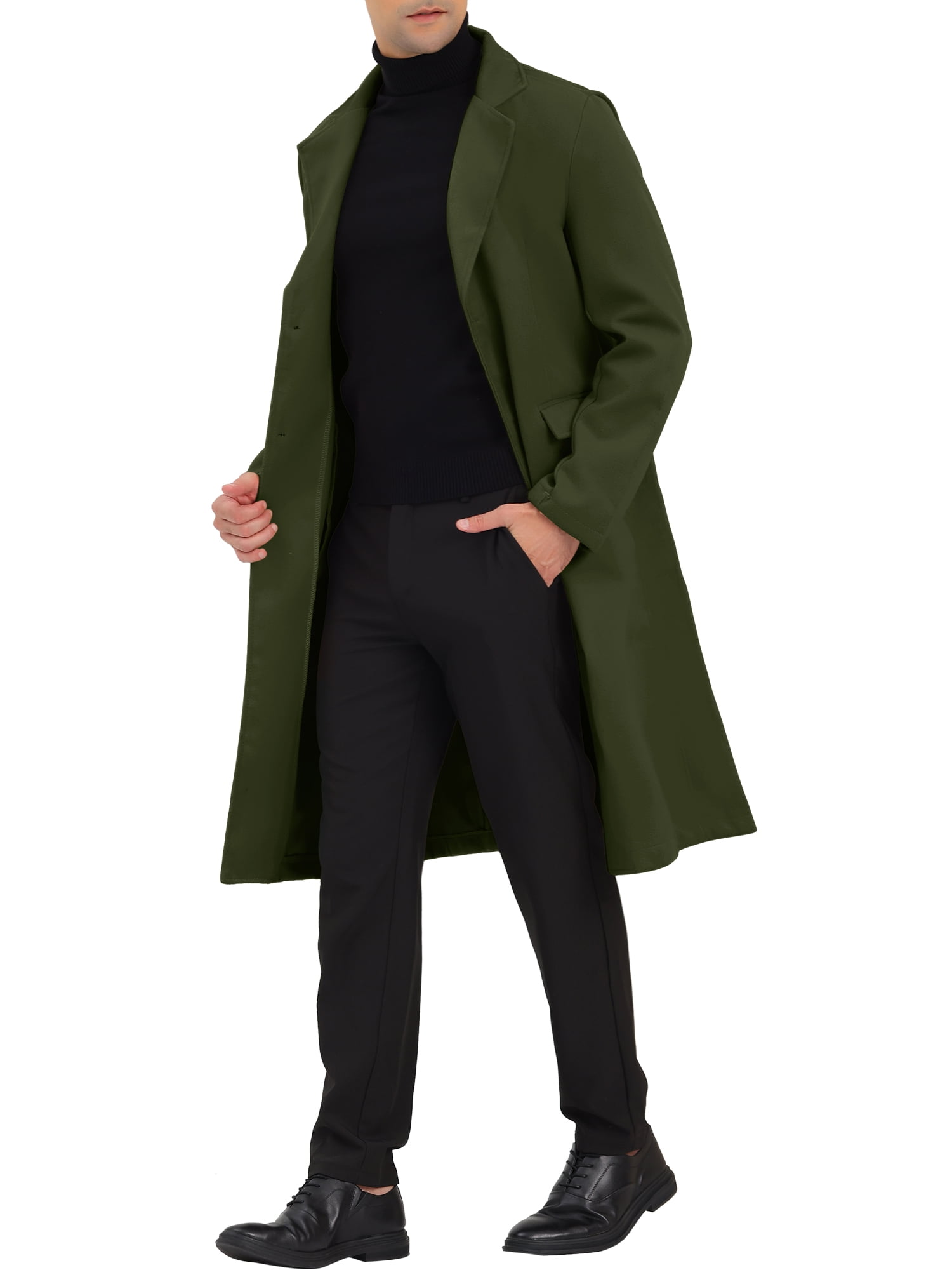 Unique Bargains Men's Overcoat Single Breasted Notched Lapel Long Trench Coat XL Olive Green