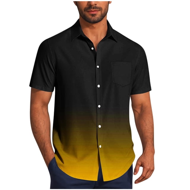 Mens Casual de Manga Corta Botón Abajo Camisas Gira Cuello Gradación Blusa de Impresión, Suelto Ajuste Poliéster Camisa de Verano, Lavado a Mano Casual