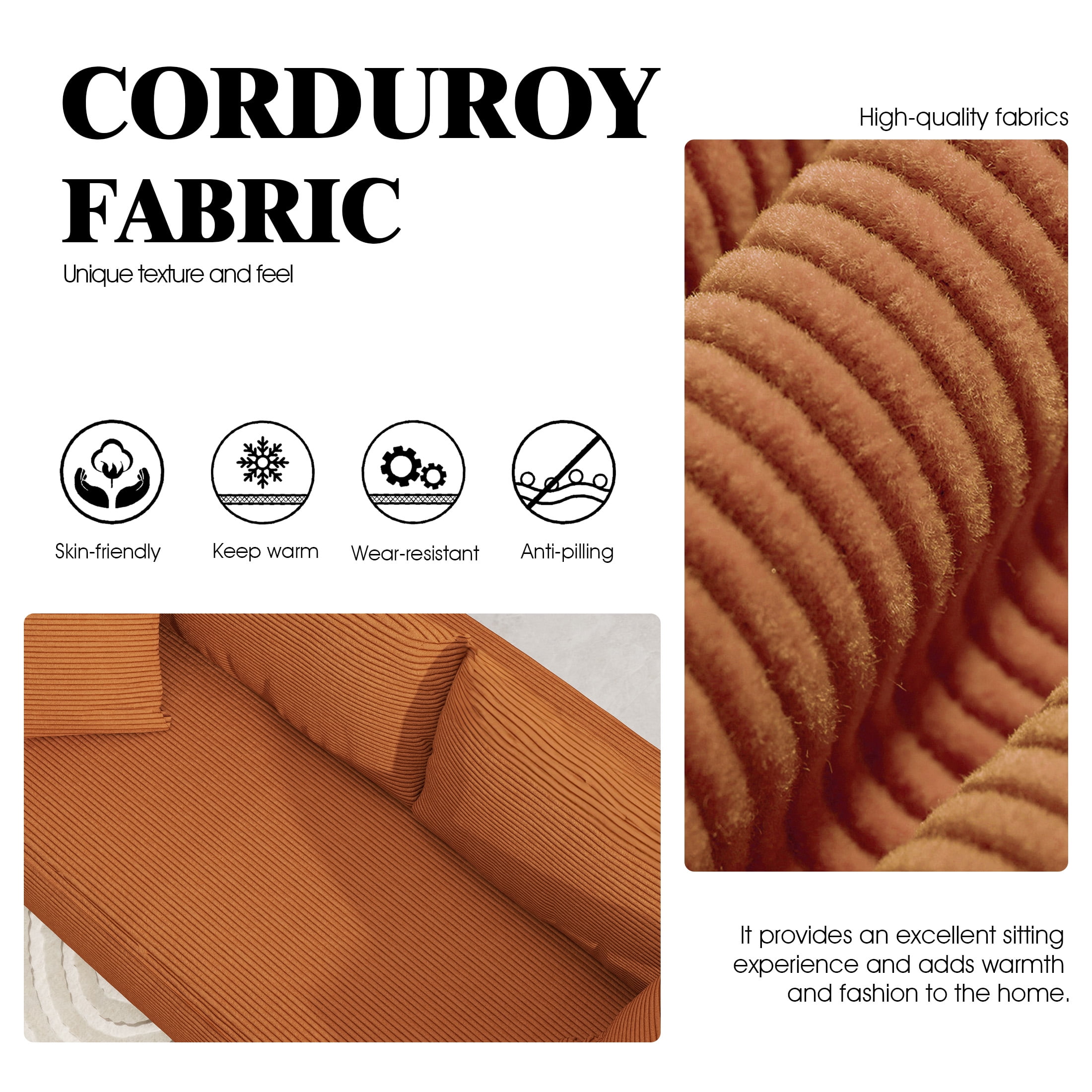 DEALTOPS 88" Loveseat Sofa, 3 Seater Pure Sponge Foam, Corduroy for Living Room, Easy Assembly，Orange