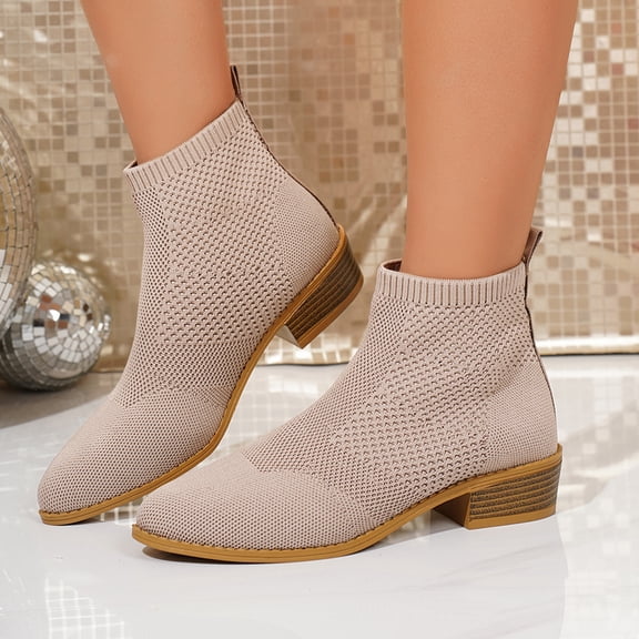 Willtoo Low Heel Ankle Boots for Women Chunky Heel Knit Sock Chelsea Boots Slip On Stretchy Comfortable Short Boots Fashion Fall Winter Heeled Booties