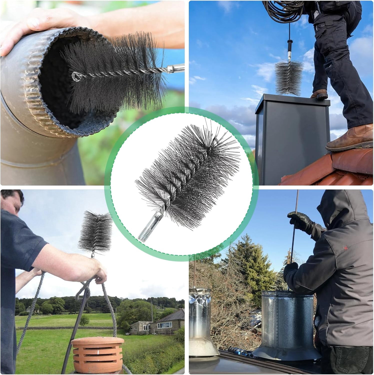 ABCISI Chimney Steel Cleaning Brush with 1/4" Metric Thread Fitting for Insulated Chimneys, Stainless Steel or Metal Stove Pipes, Works with Most Chimney Rod Sets (4 Inch)