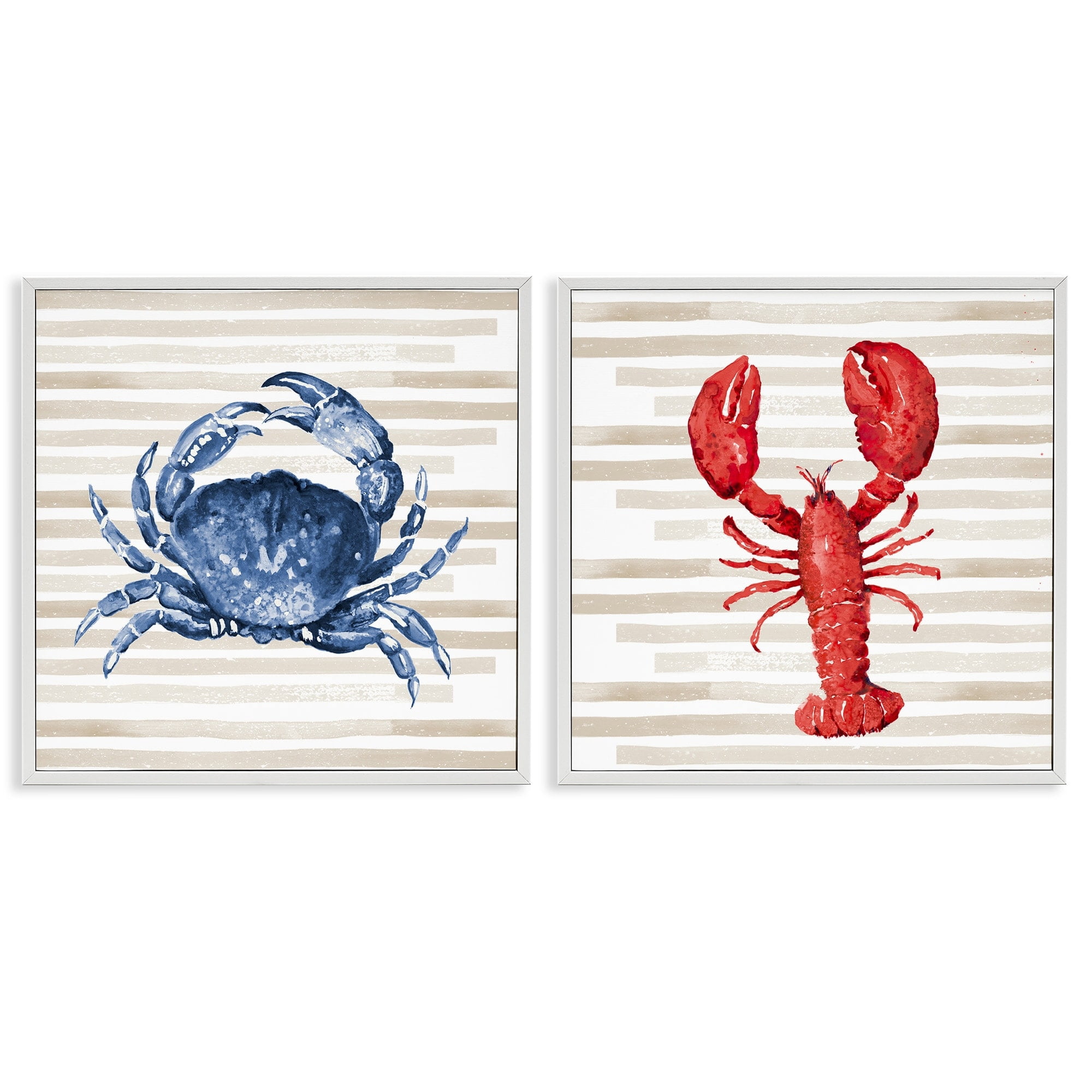 Stupell Indtries Nautical Blue Crab and Red Lobster Beige Stripes,24 x 24,Design by Patricia Pinto