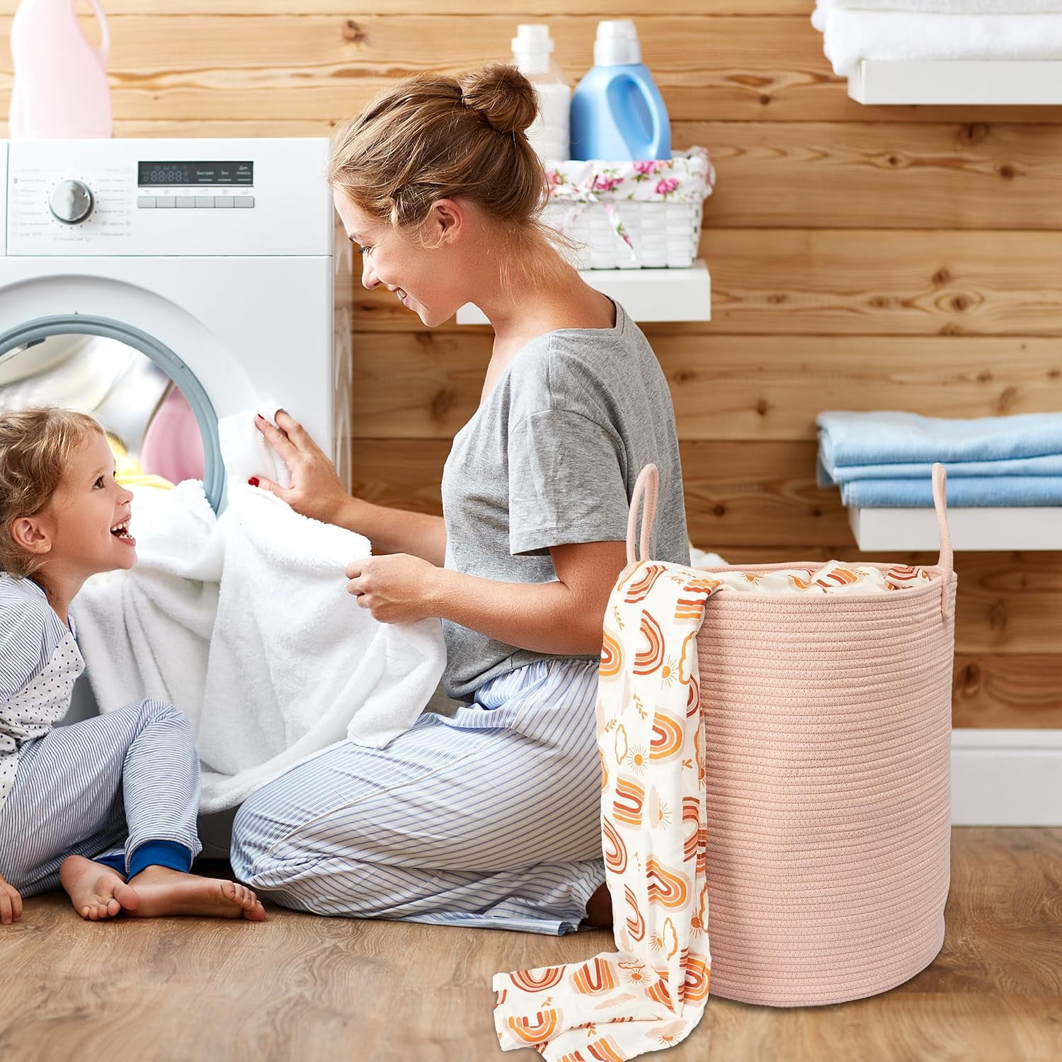 WarmHaven Cotton Rope Laundry Basket Hamper for Clothes Woven Storage Basket for Living Room Bedroom Boho Tall Rope Baskets for Blanket Toys Pillow Towels Baby Nursery Hamper Bin coral pink