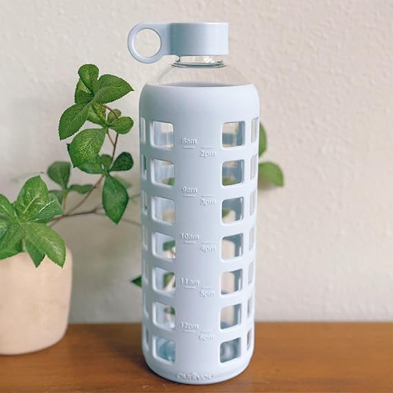 purifyou Premium 40/32/22/12 oz Reusable Borosilicate Glass Water Bottles with Time and Volume Markings, Non-Slip Silicone Sleeve & Stainless Steel Lid Insert (40oz Ice Blue)