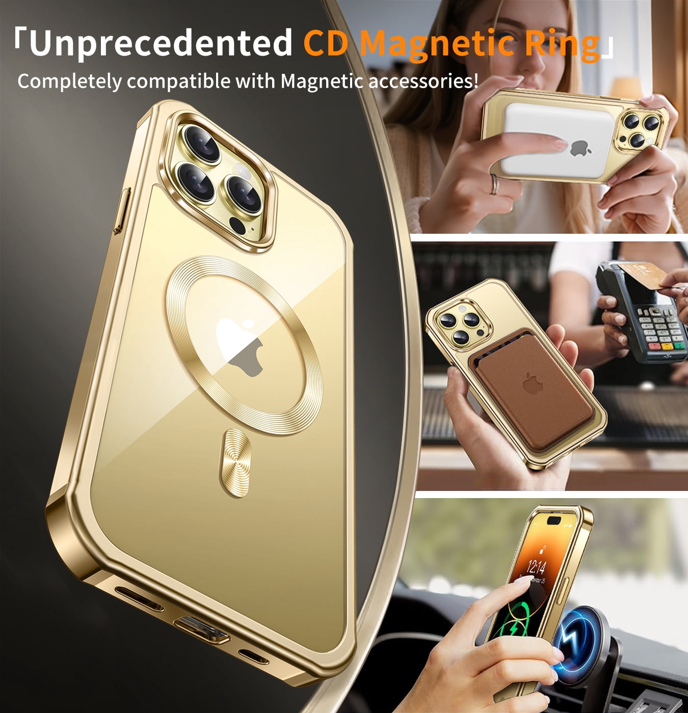 JETeacka iPhone 14 Pro Case(6.1") MagSafe Compatible Full Body Rugged Built-in Touch Sensitive Screen Protector Anti-Scratch Clear Case, Luxury Gold