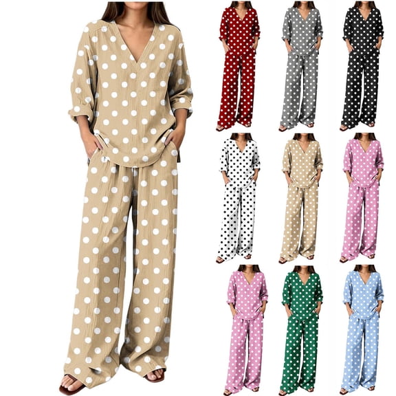 Women's Summer Polka Dot Printed 2 Piece Loungewear V Neck Long Sleeve Top & Loose Wide Leg Long Pants with Pockets Soft Casual Matching Pajama Set White