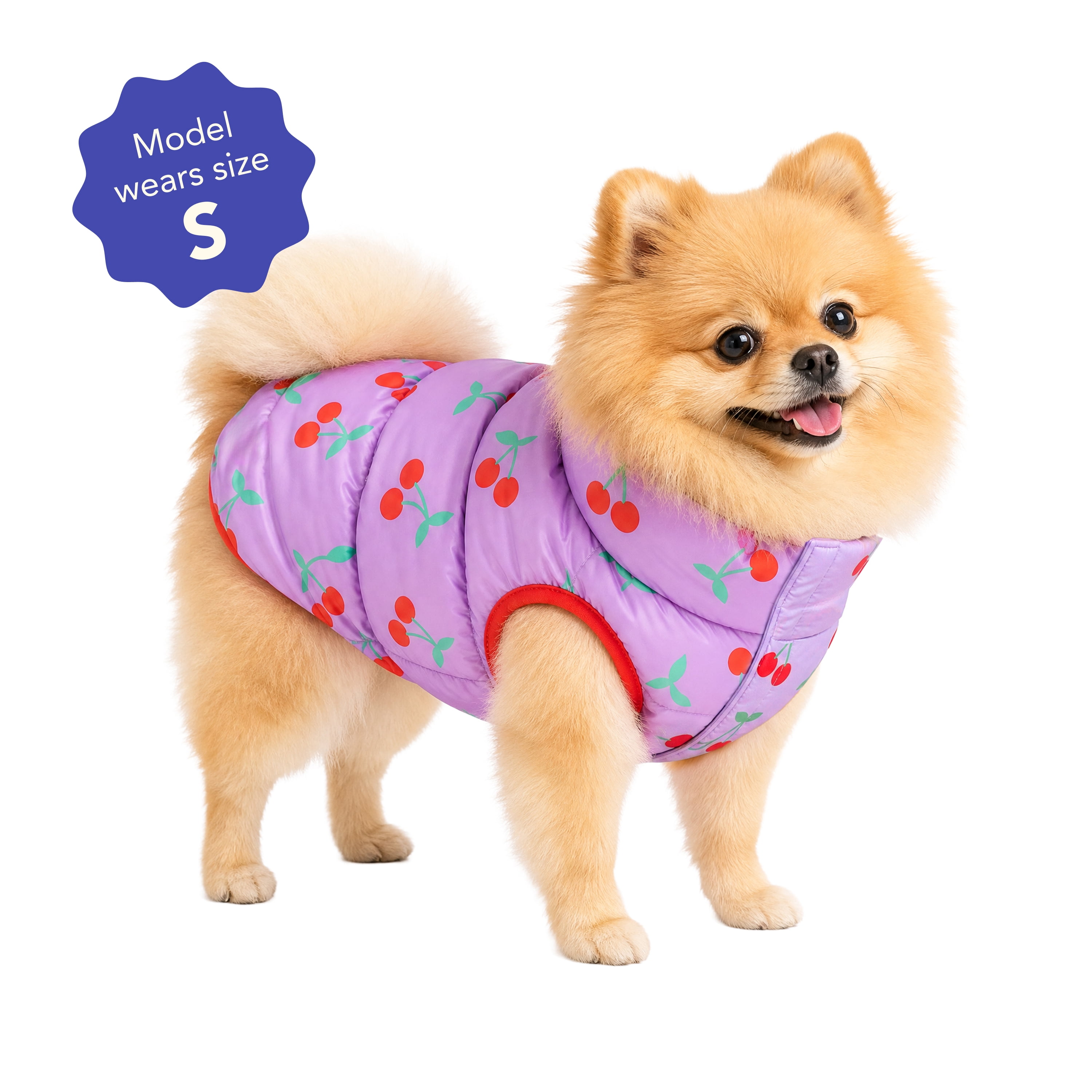 Oodles Cherry Print Quilted Puffer Fall Dog Jacket, Purple, Small
