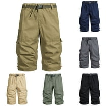 2 Pack Mens Capris Cargo Pants Big & Tall M-5X Plus Size Straight Leg Trousers with Multi-Pockets and Belts Elastic Waist Solid Hiking Cropped Pant