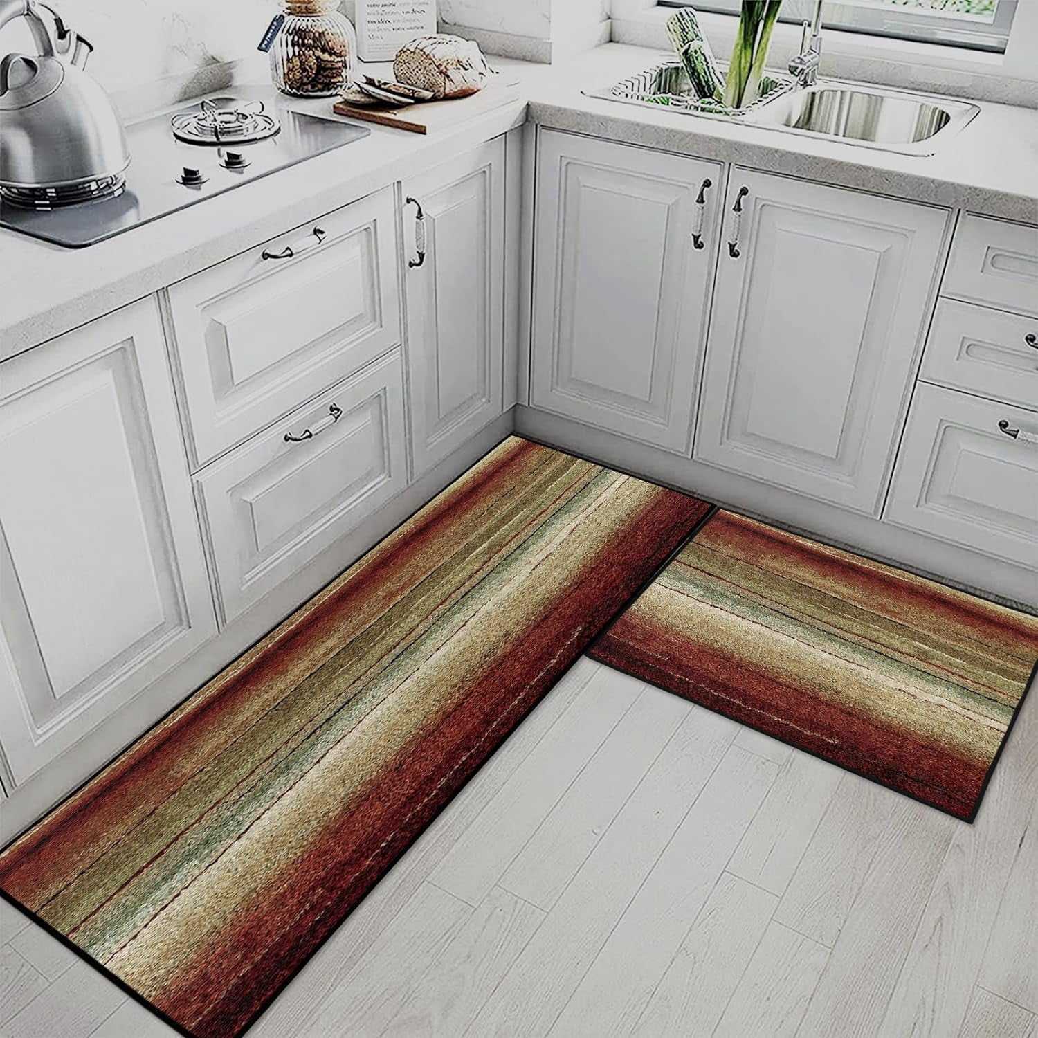 Vintage Stripes Kitchen Rugs and Mats Non Skid Washable Set of 2, Red Brown Green Kitchen Mats for Floor, Geometric Kitchen Runner Rug Abstract Lines Kitchen Decor