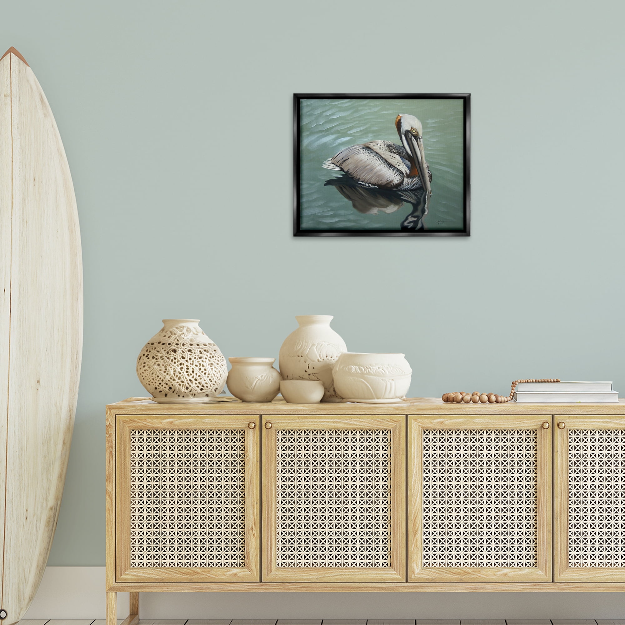 Stupell Industries Pelican Lake Reflection Animals & Insects Painting Black Floater Framed Canvas Art Print Wall Art, 21 x 17