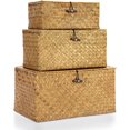 thumbnail image 1 of Juego de 3 cestas de almacenamiento de mimbre con tapa, grandes contenedores de almacenamiento de algas marinas naturales tejidos a mano, cajas organizadoras rectangulares para el hogar para, 1 of 8