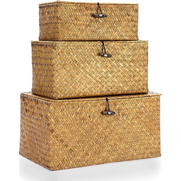 Juego de 3 cestas de almacenamiento de mimbre con tapa, grandes contenedores de almacenamiento de algas marinas naturales tejidos a mano, cajas organizadoras rectangulares para el hogar para