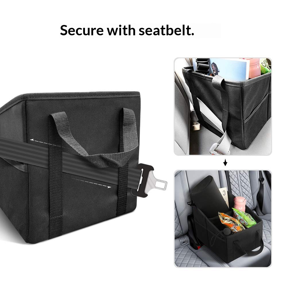 Car Seat Organizer - Passenger Seat Organizer, Collapsible Small Car Seat Storage Organizer for Console Front/Back, Automotive Backseat Organizer with Belt 4 Cup Holders for Kids Accessories