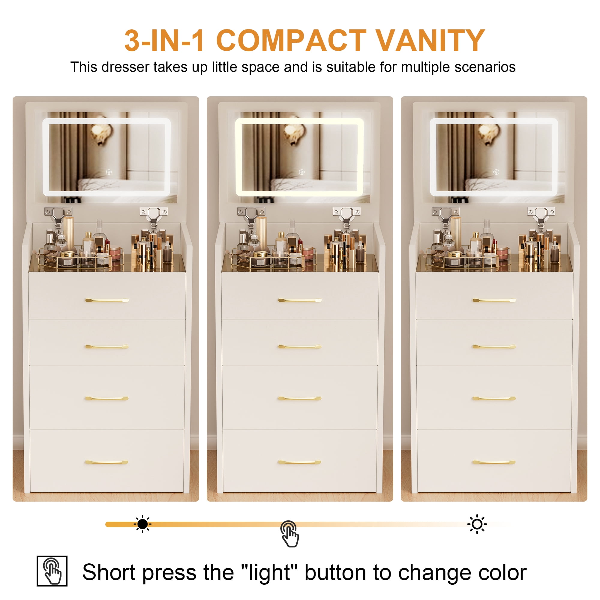 Yoneston 3 in 1 Flip Top Vanity Desk Set with Mirror and Adjustable LED Lights, Glass Top Vanity Table with Hidden Stool and Drawer for Bedroom, White