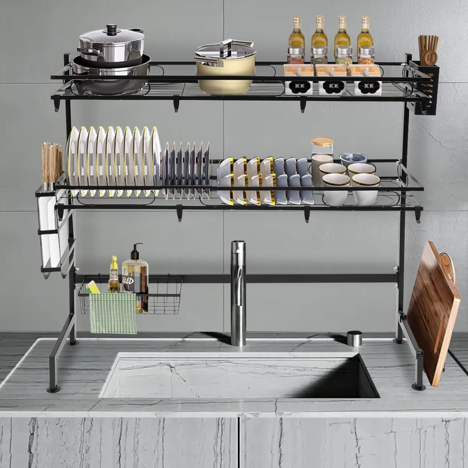 Over The Sink Dish Drying Rack 2-Tier Multifunctional Large Storage Kitchen Dish Rack for Storing Seasonings Dishes Chopsticks Cutting Boards (32.3in)