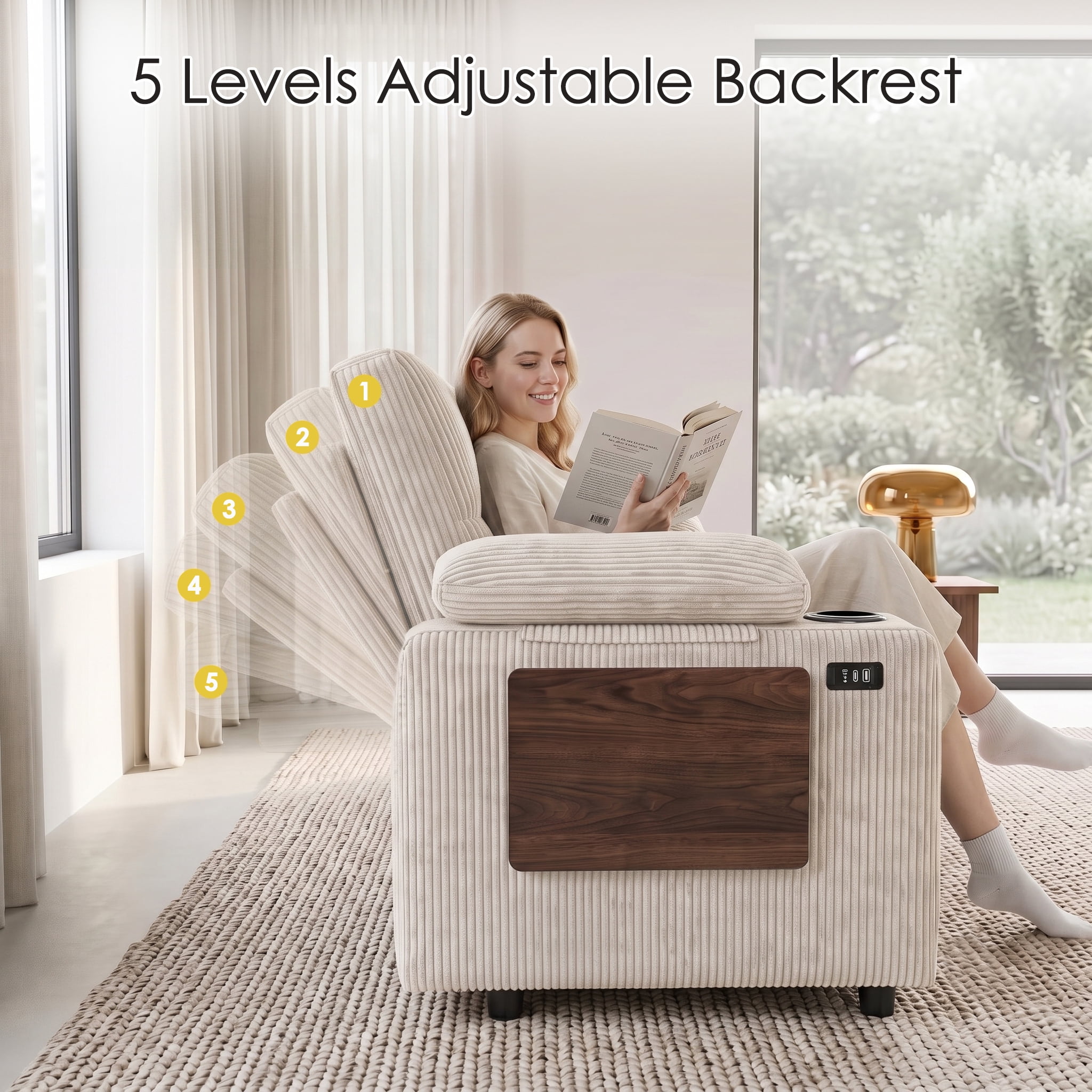 58" Convertible Sleeper Sofa Bed, Full Size Pull Out Couch with USB Charging, Cup Holders, Side Table, Adjustable Backrest, Corduroy Loveseat for Living Room, Apartment, Office (Beige)