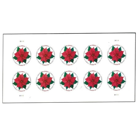 Poinsettia USPS Global International Postage Stamp 1 Sheet of 10 US Forever First Class Postal Flower Announcement Celebrate Christmas Wedding Holiday (10 Stamps)