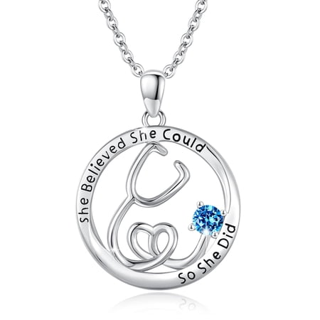 Stethoscope Necklace for Women S925 Sterling Sliver Medical Stethoscope March Birthstone Pendant Necklace Doctor Nurse Medical Student Jewelry Gifts for Graduation