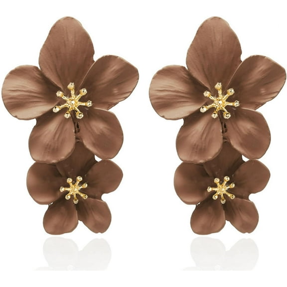 Pearl Flower Dangle Earrings Statement Stud Earring Large Metal Double Flower Matt Earring Boho Layered Floral Petal Drop Earrings for Women Mom Lover and Friends