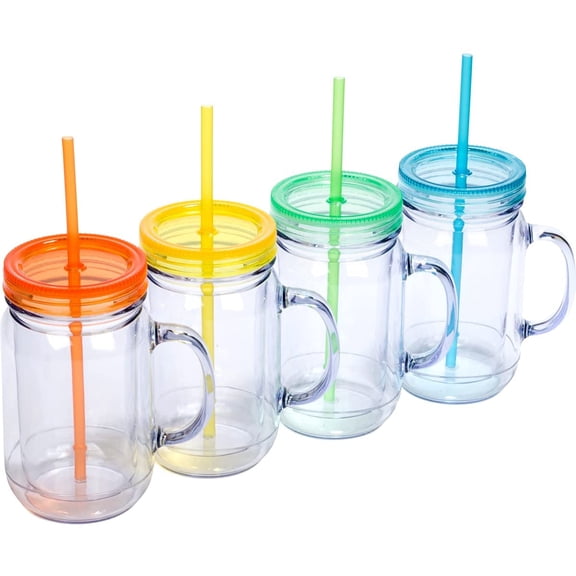 Plastic Mason Jars with Handles, Lids and Straws | 20 oz Double Insulated Tumbler with Straw | 4 Pack Set of 4 | Wide Mouth Mason Jar Mugs | Cups for Kids and Adults