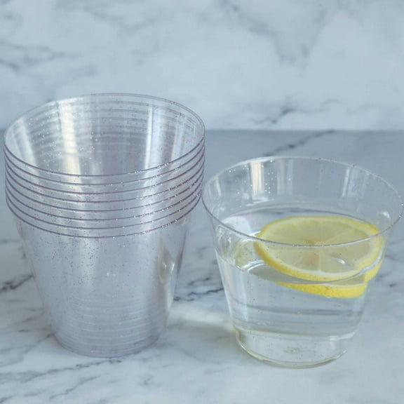 Balsa Circle Blush Glittered Clear 12 Pieces 9 oz Disposable Plastic Wine Glasses Tableware