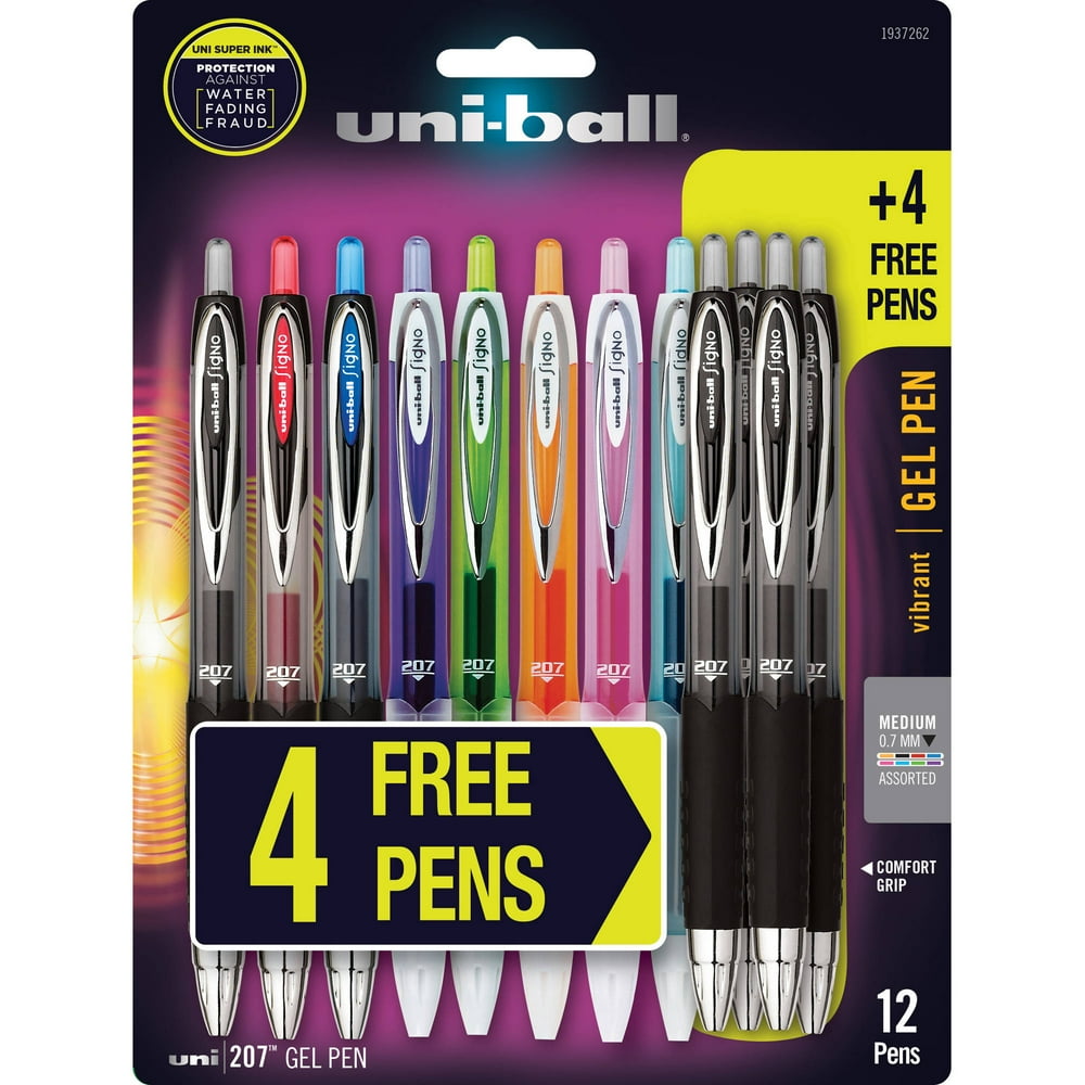 uniball 207 Retractable Gel Pens, Medium Point, Assorted Colors, 8 + 4