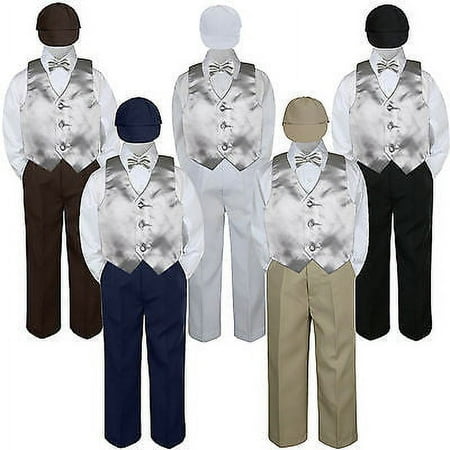 

5pc Silver Vest Bow tie Hat Suit Set Baby Boy Toddler Kid Uniform S-7