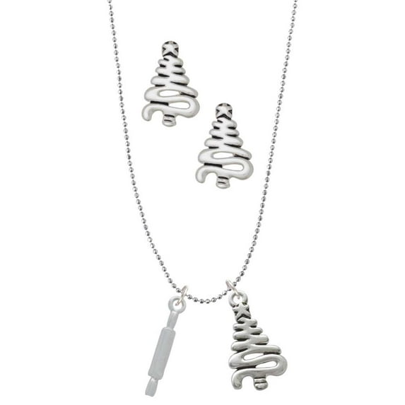 Delight Jewelry Silvertone Rolling Pin Silver tone Zig Zag Christmas Tree Charm Necklace and Stud Earrings