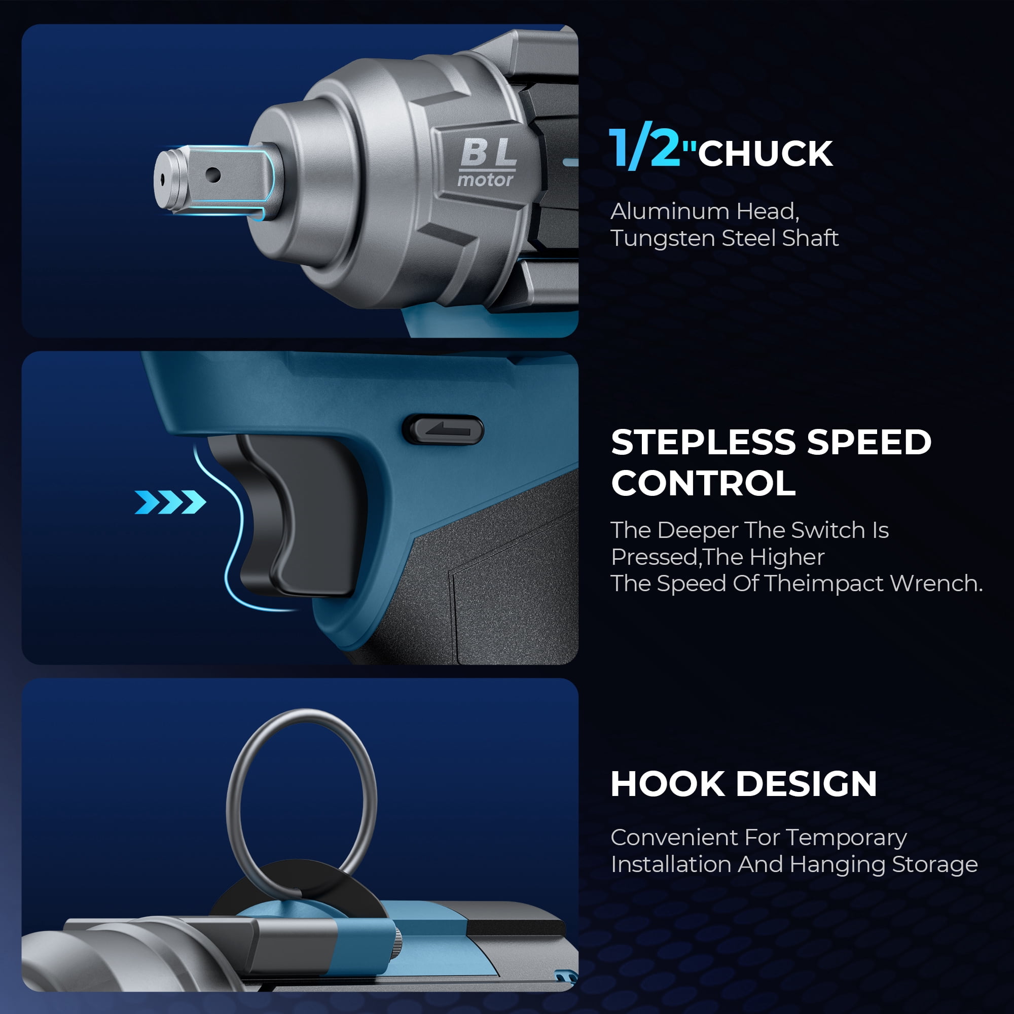 Gisam Cordless Impact Wrench,21V Brushless Impact Wrench 1/2 Inch,2 × 4.0Ah Impact Drill Tool Set Power Impact Driver With 4-Mode Speed, LED Work Light